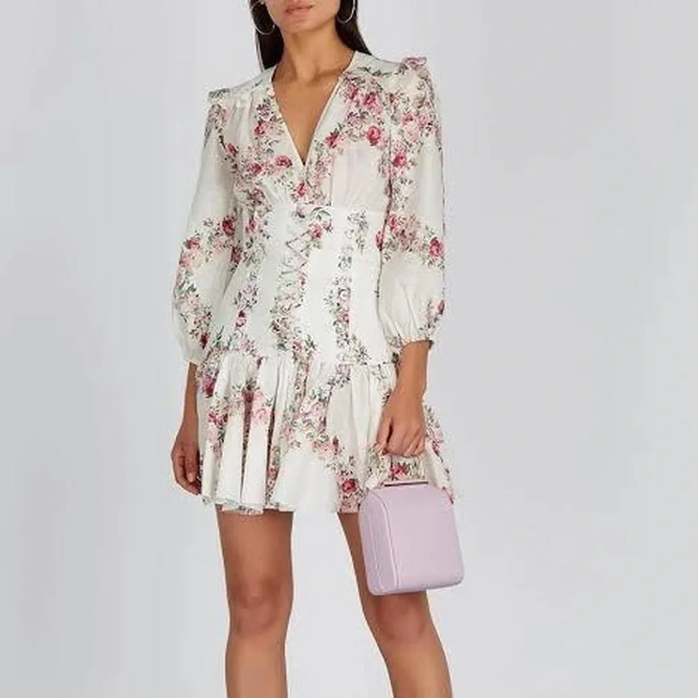 Zimmermann White Floral Mini Dress with Pink Roses - Picture 5 of 8